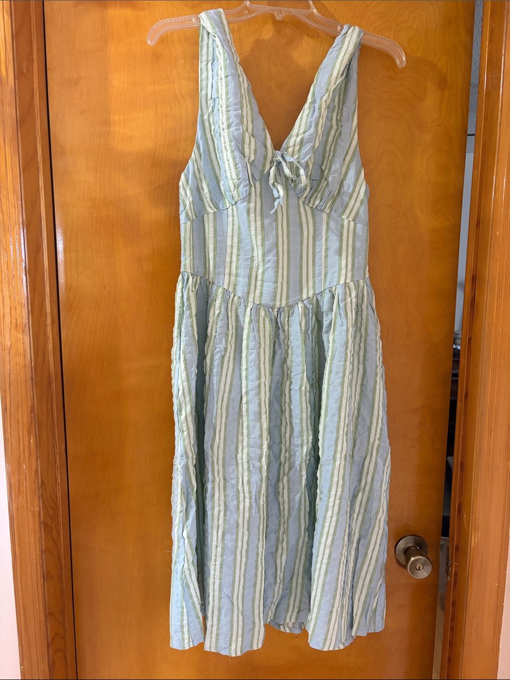 Light Blue & White Striped Midi Dress with Tie Front